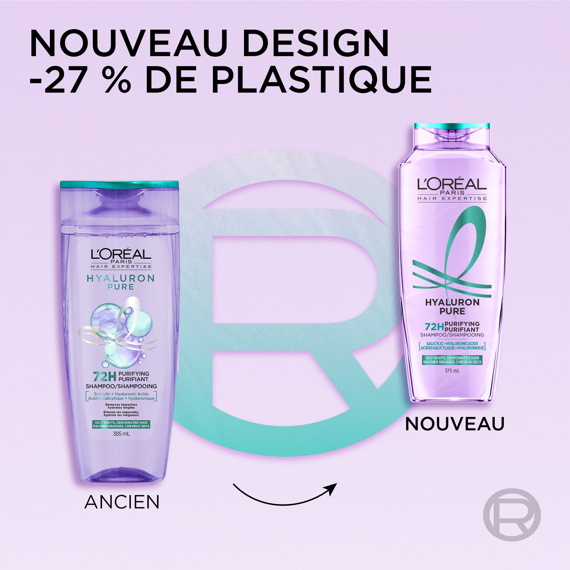 Ancien et nouveau packaging du shampoing hyaluron pure